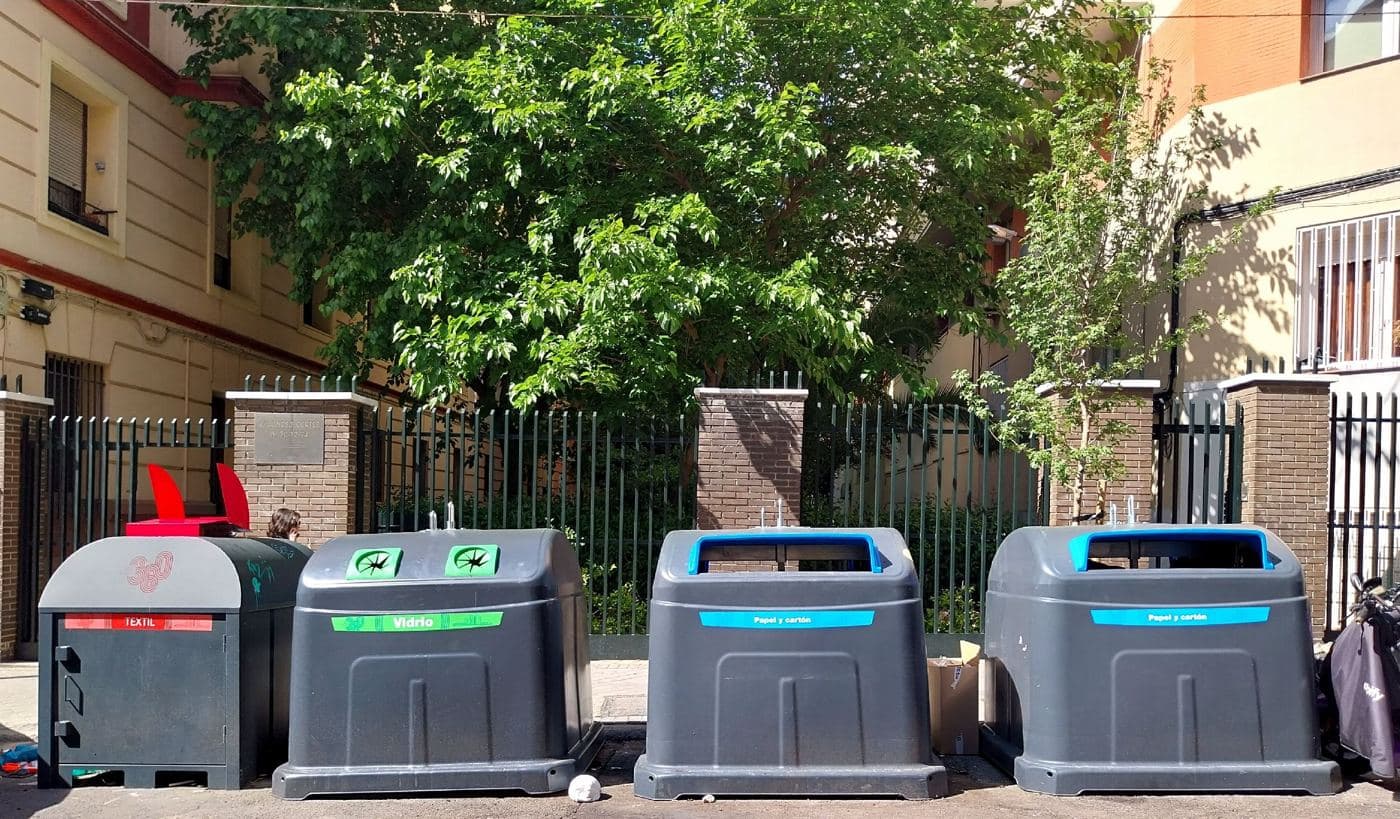 Recycling containers on a Madrid street.